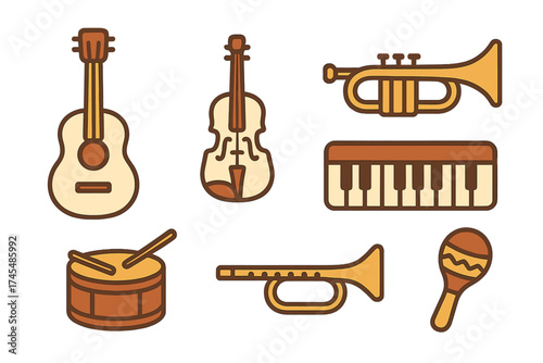 Stylized set of musical instruments featuring guitar, violin, trumpet, keyboard, drum, and maraca