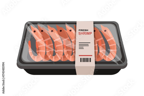 Shrimp Product Pack on Grocery Shelf. Shrimp Products in Supermarket. Shrimp Packaging Illustration. Fresh Shrimp Packaged for Sale.