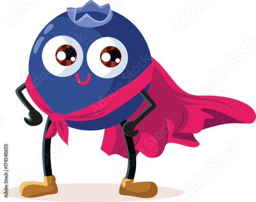 Happy Blueberry Superhero Vector Cartoon Character. Cheerful adorable fruit wearing the cape of a hero
