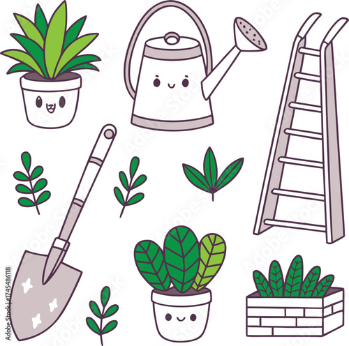 Vector cartoon set of gardening tools icons with a flower and leaf for your garden illustration.