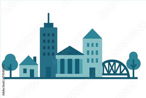 Stylized urban landscape panorama with modern skyscraper, residential house, classical bank building, and truss bridge