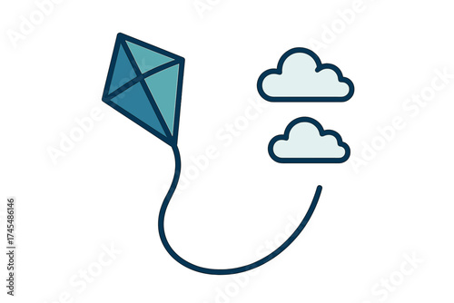Blue diamond kite flying high in the air with two simple stylized clouds