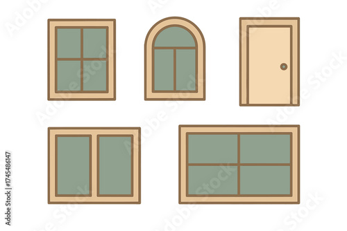 Classic wooden window frames and simple residential entrance door architectural set