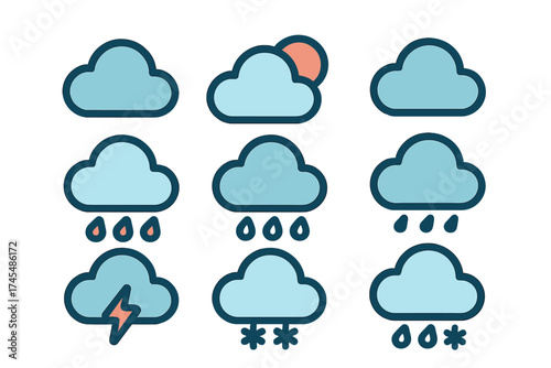 Nine different weather forecast symbols showing atmospheric conditions including sun, rain, snow, and lightning