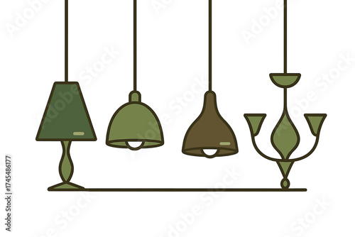 Assortment of decorative ceiling pendant lights and a table lamp in green and brown hues