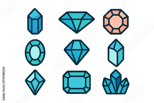 Assortment of faceted diamonds, precious stones, and raw crystals in various shapes