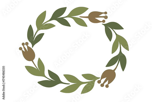 Decorative natural wreath frame made of stylized green leaves and brown flower buds