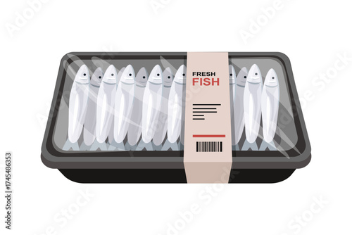 Fresh Fish Packaged for Sale. Fish Packaging Display in Store. Fish Packs on Market Shelf. Frozen Fish Package for Sale. Food product.