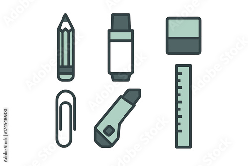 Essential school and office supplies collection including pencil ruler eraser and paper clip