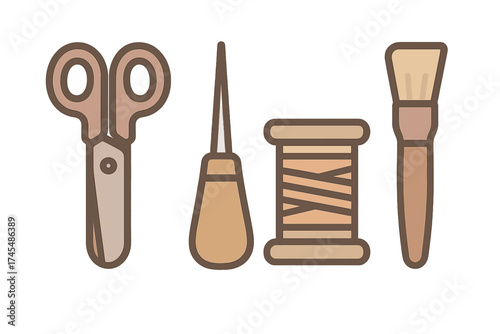 Set of essential crafting and sewing tools including scissors, thread spool, and brush