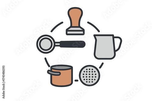 Essential barista equipment arranged in a circular flow diagram for espresso preparation
