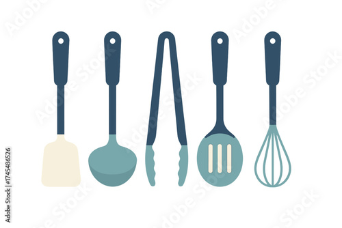 Set of essential kitchen cooking tools including spatula ladle tongs and whisk