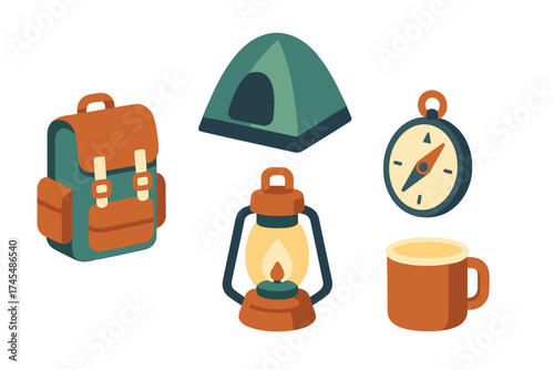 Essential camping and outdoor adventure equipment set: backpack, tent, lantern, compass, and mug