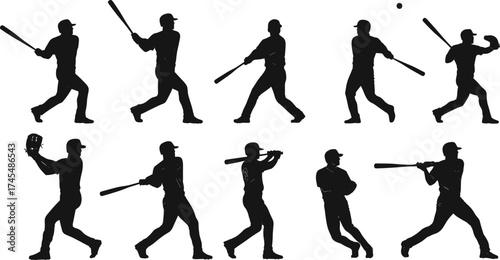 Baseball player silhouette vector set with ten action poses, batting, throwing, catching, dynamic motion, athletic form, and technique