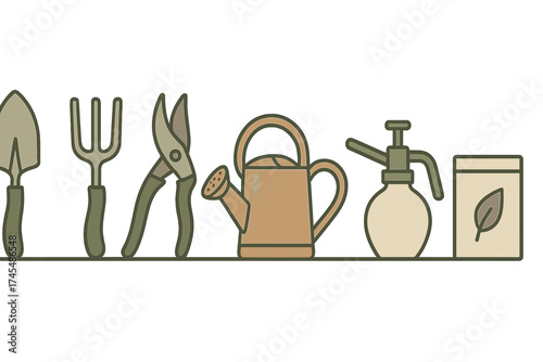 Collection of essential gardening tools including shovel fork shears watering can and seeds