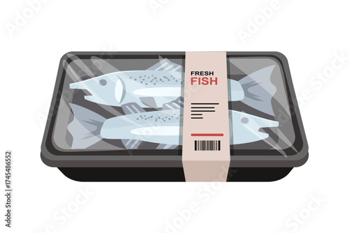 Packaged Fresh Fish in a Tray with Label. Frozen Fish Packaging Design. Vacuum Sealed Fish Package. Fish Packaging Mockup. 
