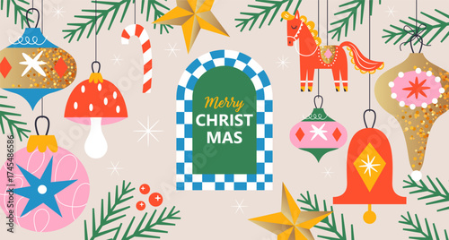 Merry Christmas modern poster design set in trendy style. Template for cards, banner and background