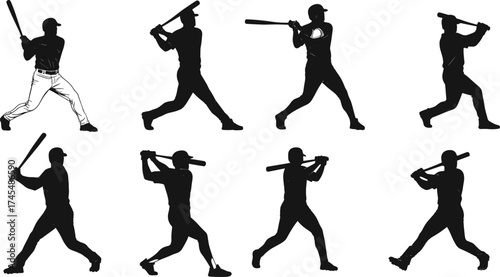 Baseball swing silhouette vector set with eight batting stages, dynamic motion, player stances, athletic form, bat technique, and action