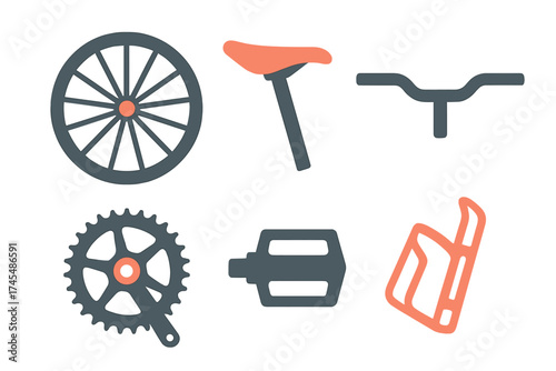 Collection of essential bicycle components wheel saddle handlebars and pedals