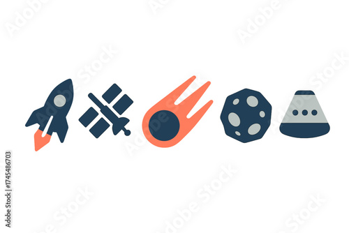 Set of space exploration and astronomy icons including rocket, satellite, asteroid, and comet