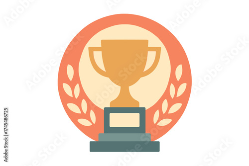 Stylized golden trophy cup on a pedestal inside a circular frame decorated with laurel branches