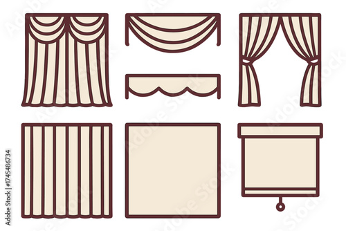 Decorative set of various window coverings including drapes, blinds, and theater curtains
