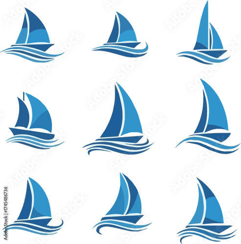 blue Sailing boat logo set. icon abstract vector template. Sailboat on the waves. Vector illustration.