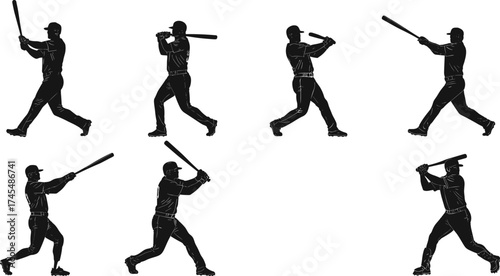 Baseball batter silhouette vector set with six swing stages, batting stances, dynamic motion, baseball bat, athletic form, and technique