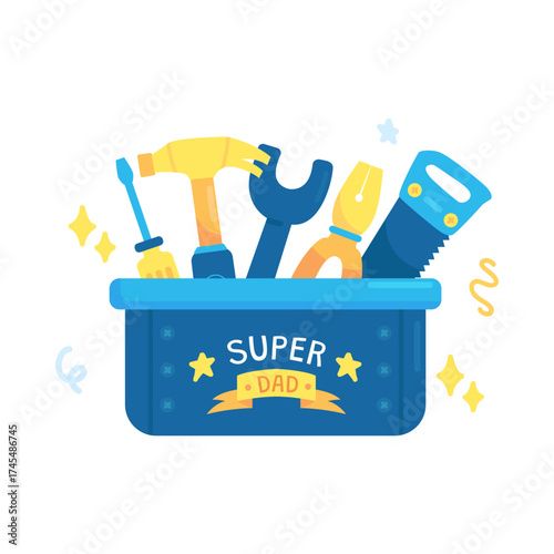 Bright and cheerful vector artwork featuring a handy toolkit with hammer, wrench, and saw, celebrating a super father figure for DIY projects