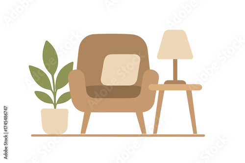 Minimalist cozy living room corner with comfortable armchair side table lamp and potted houseplant