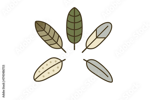 Minimalist arrangement of five stylized leaves in muted earthy tones and natural colors