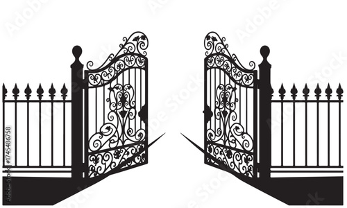 Open Ornate Iron Gate with Decorative Fences and Welcoming Path