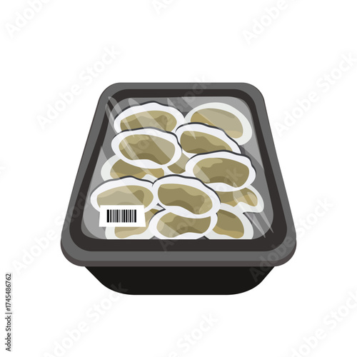 Packaged Shellfish Illustration. Ocean Fresh Shellfish Pack. Seafood Tray with Fresh Shellfish Illustration. Seafood Pack. 