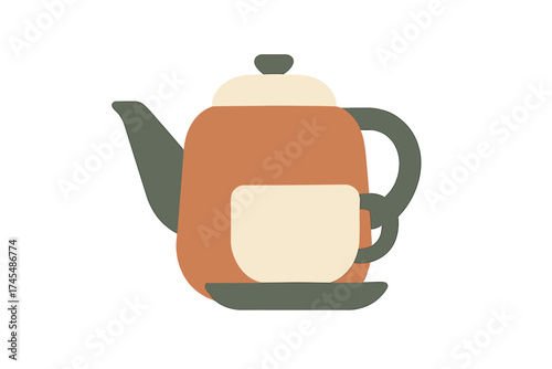 Modern stylized teapot and teacup set in earthy tones isolated on white background