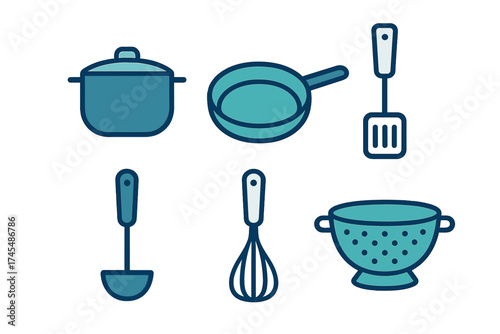 Collection of essential kitchen cooking utensils and cookware items in blue tones