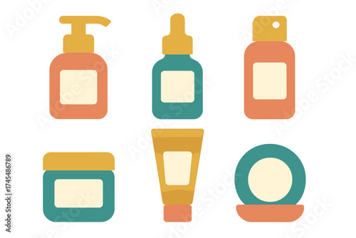 Colorful set of cosmetic product containers including lotion, serum, cream, and spray bottles