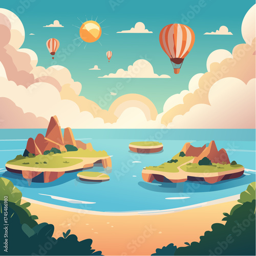 Tropical islands with hot air balloons and sunny sky