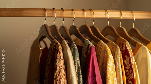 Elegant apparel. Assorted ethnic dresses hang neatly on a wooden rack, showcasing vibrant colors and detailed embroidery, reflecting a rich cultural heritage.