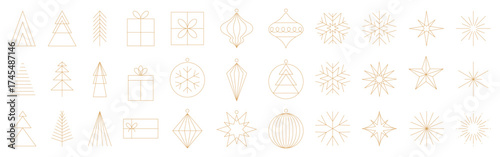 Christmas line icon set, gold geometric linear decorations
