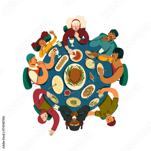 Festive Friends Gathering Around Dinner Table, Sharing a Delicious Meal