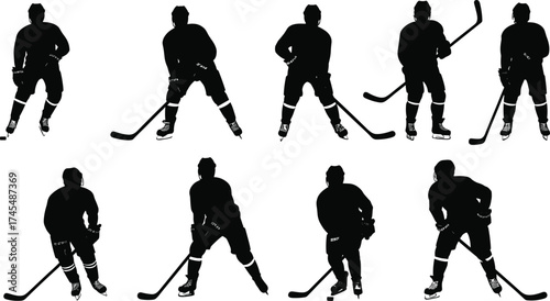 Ice hockey silhouette vector set with ten player poses, hockey sticks, skating gear, puck action, helmets, uniforms, and gameplay