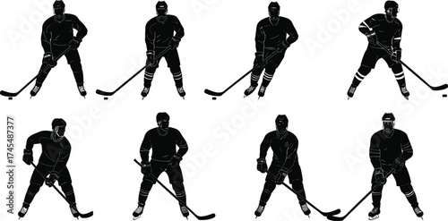 Ice hockey player silhouette vector set with eight dynamic poses, hockey sticks, helmets, puck action, skating gear, and gameplay