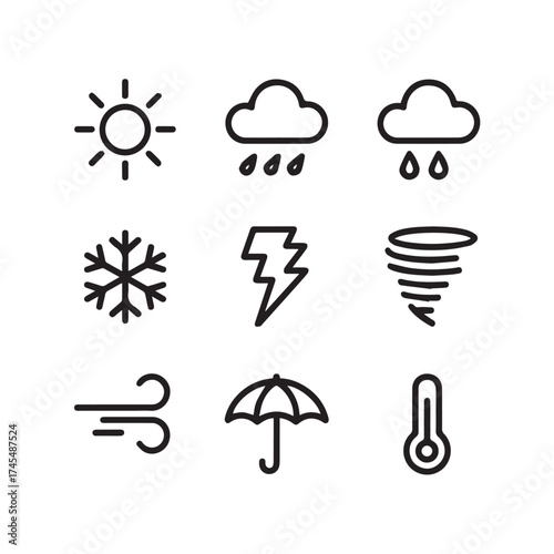 Collection of weather icons featuring sun, clouds, rain, snowflake, lightning, wind, umbrella, and thermometer, isolated on white background