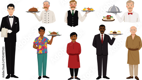 Male food service character vector set with diverse attire, chef and waiter roles, food trays, hospitality, restaurant staff, and presentation