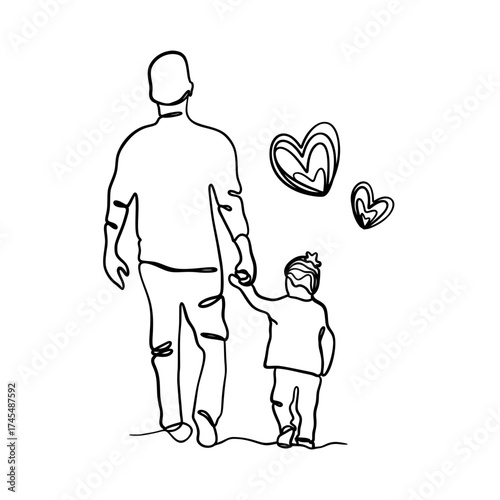 Continuous line art illustration of a loving father and child walking hand in hand with floating hearts, symbolizing family bond and affection