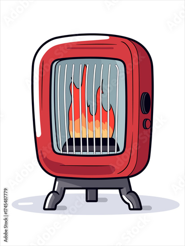 A red retro-style electric heater with internal flames (simulated fireplace effect). Clean cartoon vector illustration suitable for winter themes, home appliances, heating concepts