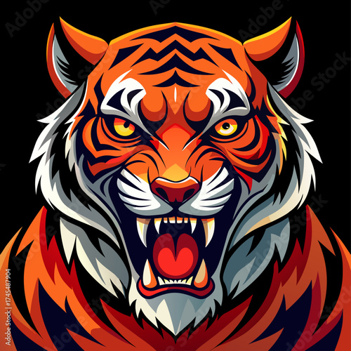 Vector art of aggressive tiger head with open mouth and sharp fangs isolated on