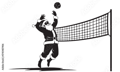 Santa Claus Playing Volleyball Over a Net, Graphic Illustration
