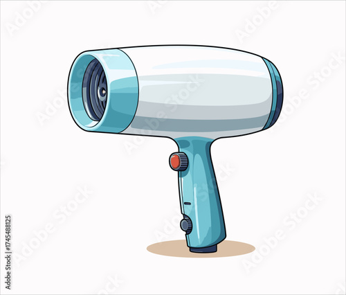 A cute cartoon hair dryer in blue and white with red button, isolated on white background. Ideal for beauty, salon, or grooming designs