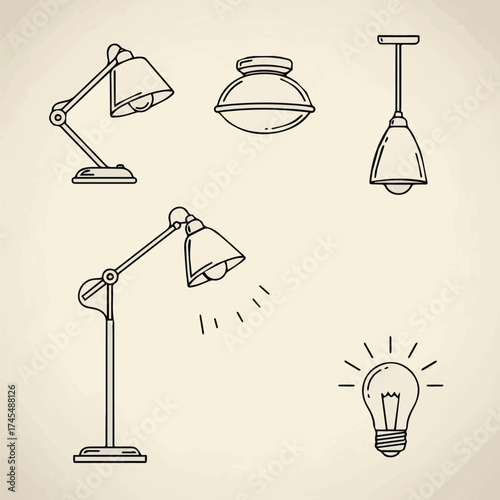Lighting and lamps icon set in elegant outline style including table, ceiling, floor, pendant, and smart lights for interior design and home illumination themes,